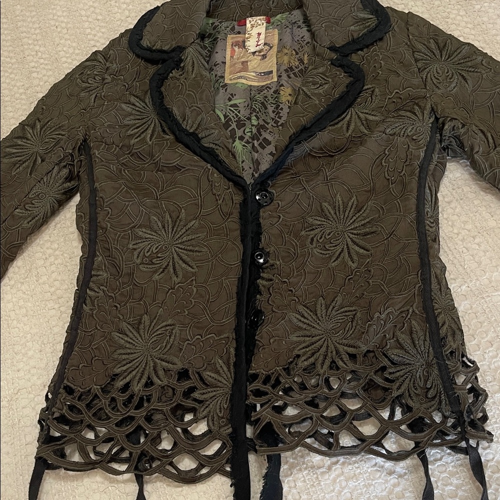 Chic Olive Lace Blazer with Scalloped Lacy Hem